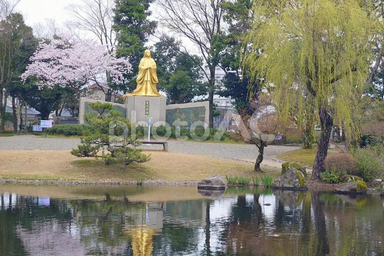 紫式部像式部と桜 新緑,紫式部像,青空の写真素材