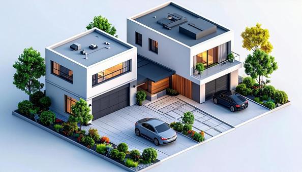 アイソメトリックなガレージのある集合住宅の写真