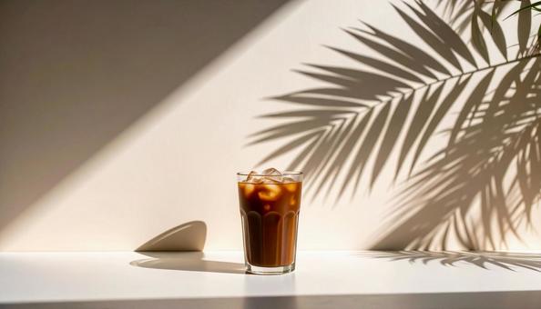 ヤシの木の葉っぱとアイスコーヒー ヤシの木の葉っぱとアイスコーヒーの写真