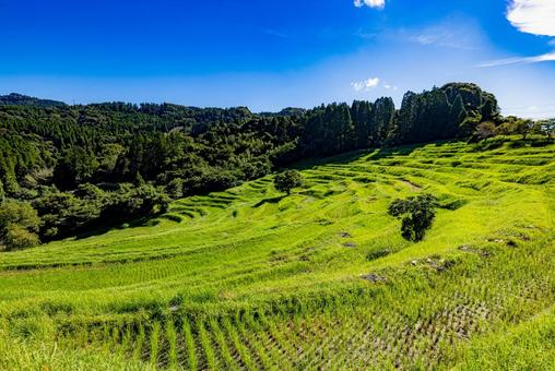Photo, mountains and thousands of fields, blue sky, rice terrace, 