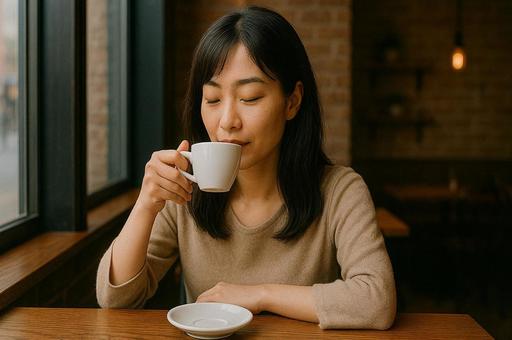 カフェでコーヒータイムをする女性 カフェでコーヒータイムをする女性の写真