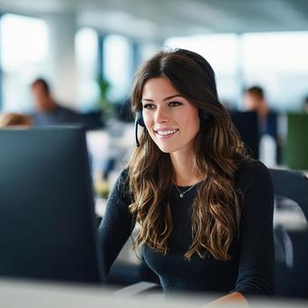 オフィスで笑顔で働くコールセンターの女性 オフィスで笑顔で働くコールセンターの女性の写真