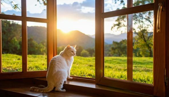 窓辺で外を眺める白い猫の写真