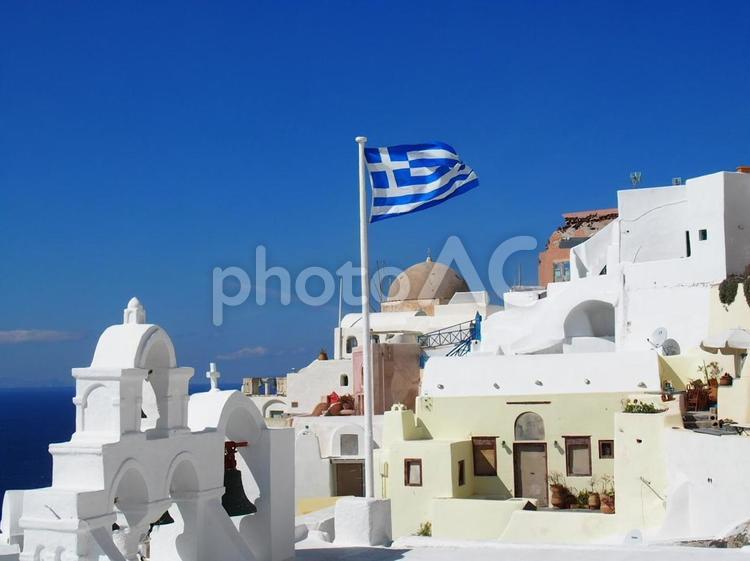 ギリシャ　サントリーニ島　国旗　海外 サントリーニ,ギリシャ,国旗の写真素材