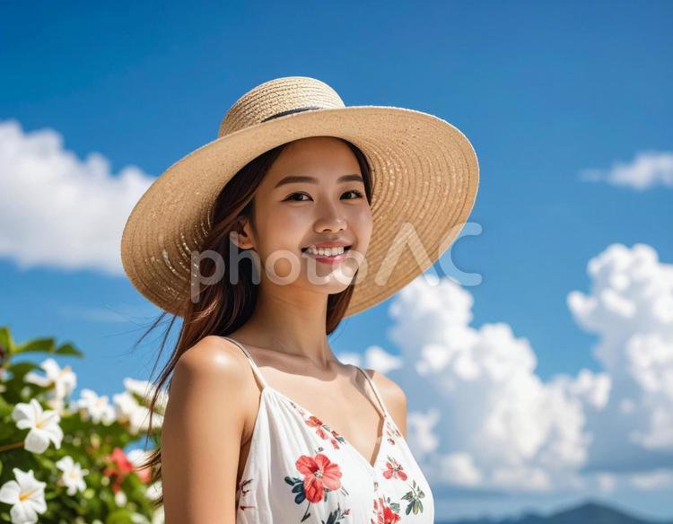 夏旅・南国の白い花と彼女 旅行,女性,若いの写真素材