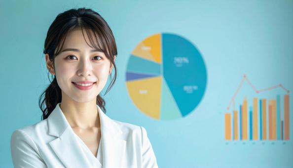 グラフの前に立つ日本人女性会社員 グラフの前に立つ日本人女性会社員の写真