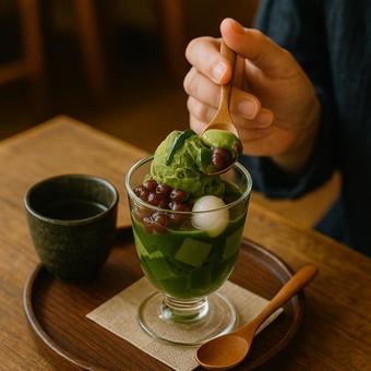 抹茶の和パフェを食べるシーン 抹茶の和パフェを食べるシーンの写真