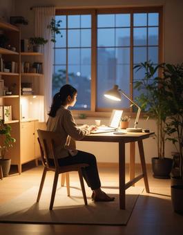 明かりが灯る部屋で学習の写真