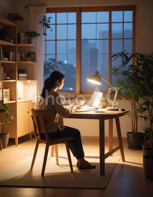 明かりが灯る部屋で学習 日本人,女性,一人の写真素材