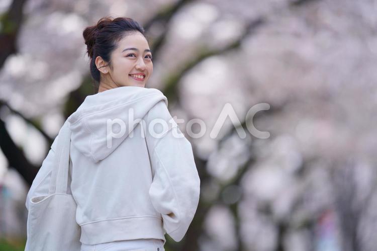 笑顔で振り向く女性の後ろ姿 女性,桜,大学生の写真素材