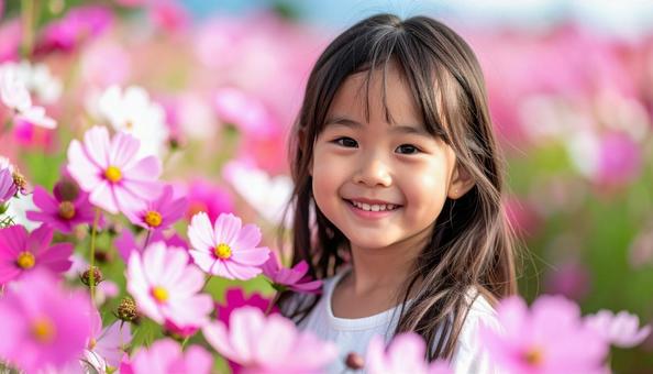 かわいい少女のポートレート コスモスの花 かわいい少女のポートレート コスモスの花の写真
