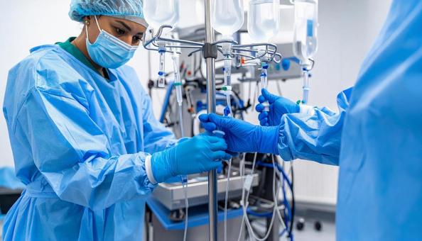 手術前に多数の点滴を準備する医療助手 手術前に多数の点滴を準備する医療助手の写真
