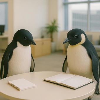 円卓で会議をするペンギンの写真