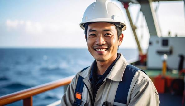 海上で働く笑顔の若い日本人男性作業員写真 海上で働く笑顔の若い日本人男性作業員写真の写真