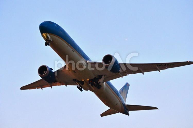 羽田空港を飛び立つ夕日に照らされた飛行機 飛び立つ,夕,門出の写真素材