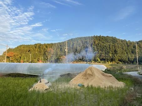 燻炭づくり 燻炭づくり,くんばいづくり,もみ殻の写真素材