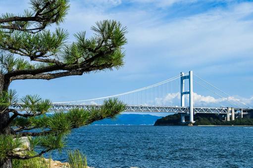 下津井の防波堤から望む瀬戸大橋 瀬戸大橋,橋,吊り橋の写真素材
