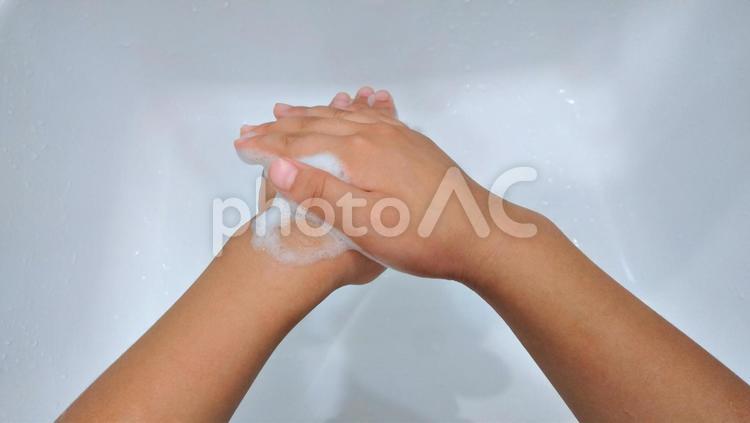 手洗い　手の甲を洗う子ども 手洗い,手の甲,手のひらの写真素材