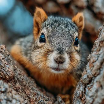 幹の隙間から顔を出すキツネリス 幹の隙間から顔を出すキツネリスの写真