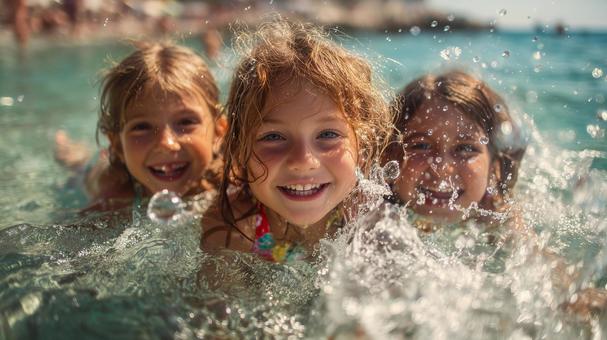海で遊ぶ笑顔の子供たち 海で遊ぶ笑顔の子供たちの写真