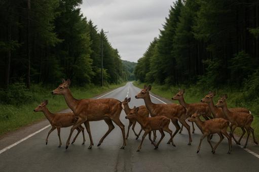 道路を横断する鹿 道路を横断する鹿の写真