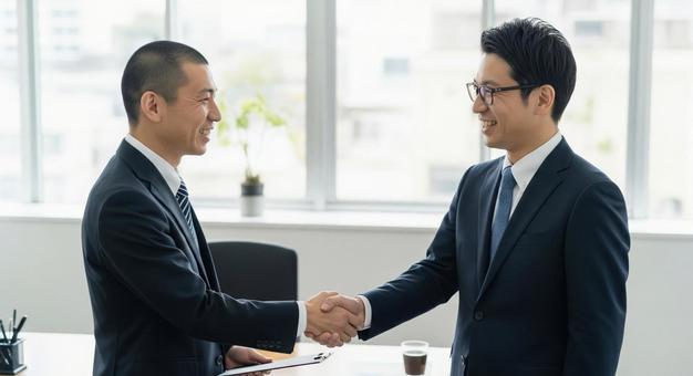 ビジネス握手:男性社員の契約と信頼 ビジネス握手:男性社員の契約と信頼の写真