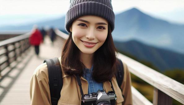 秋 山の展望台で微笑む若い女性 秋 山の展望台で微笑む若い女性の写真