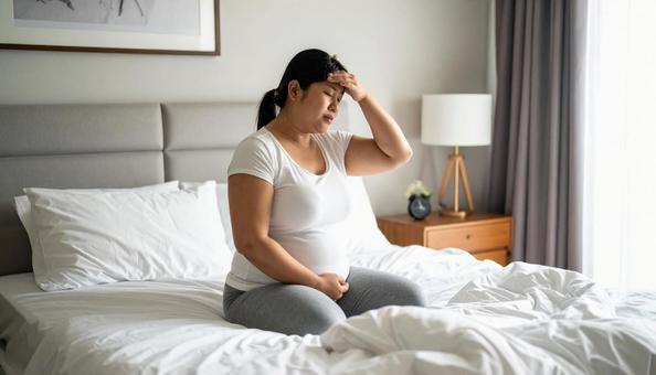 肥満で疲れやすく、額に手をやる女性 肥満で疲れやすく、額に手をやる女性の写真