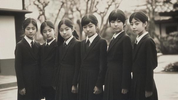 昭和時代の女子児童のモノクロ写真の写真