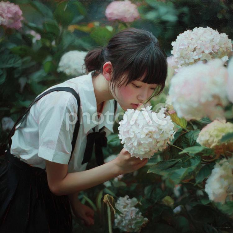 アジサイにそっと触れる日本の女子学生 日本人,女の子,学生の写真素材