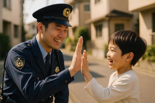 子どもとハイタッチする警察官 子どもとハイタッチする警察官の写真