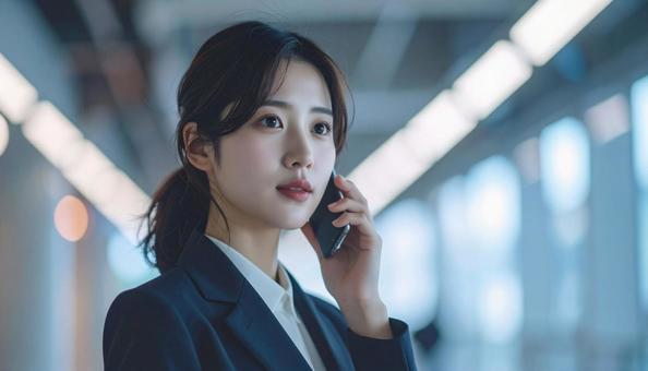 携帯電話で会話する美しい女性会社員の写真