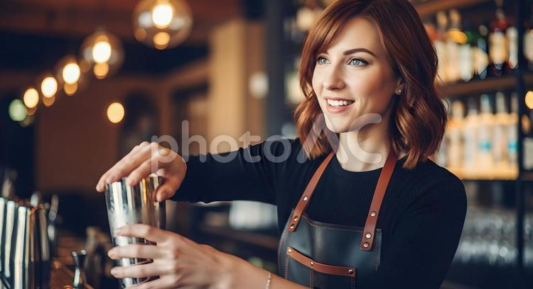 笑顔でカクテルを作る女性のバーテンダー 笑顔,カクテル,女性の写真素材
