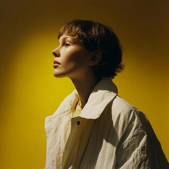 上を見上げる女性の肖像の写真