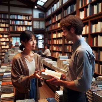 書店で本を薦める 書店で本を薦めるの写真