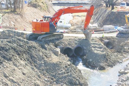 河川工事 河川工事,バックホー,堤防の写真素材