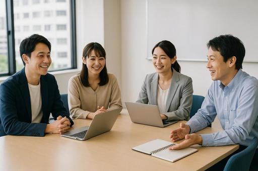 会議室での和やかなチームミーティング 会議室での和やかなチームミーティングの写真