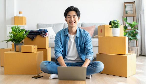 引越しをする若い日本人男性 引越しをする若い日本人男性の写真