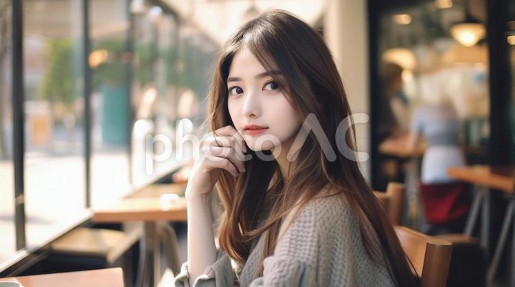 カフェで視線を向ける女性・おしゃれな休日 美しい女性,日本人女性,カフェの写真素材