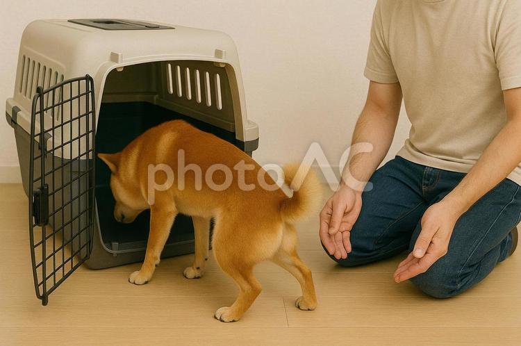 犬のクレートトレーニング 犬,ペットキャリー,クレートの写真素材