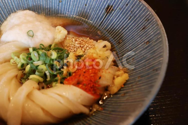 さぬきうどん店の平打ち麺の渦巻きぶっかけ ぶっかけ,うどん,渦巻きの写真素材