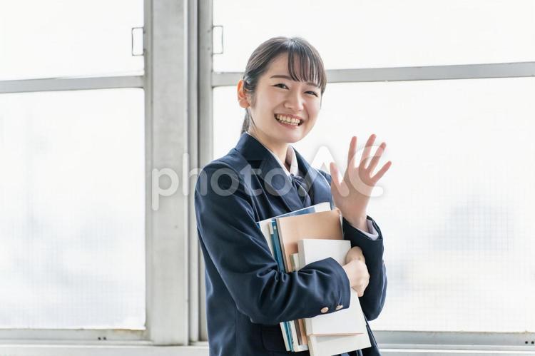 学校の教室で友達に手を振る女子高生 高校生,挨拶,学校の写真素材