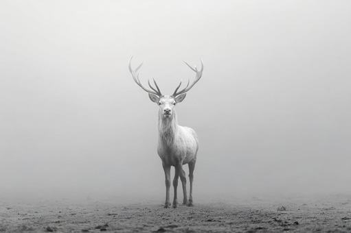 霧の中から現れる鹿のシルエット 霧の中から現れる鹿のシルエットの写真