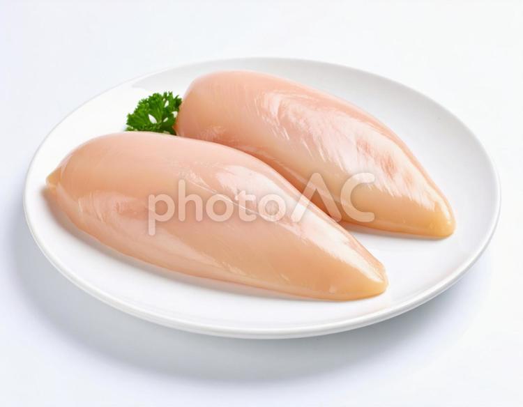 白い皿の上の鶏肉のササミ ササミ,白い皿,鶏肉の写真素材