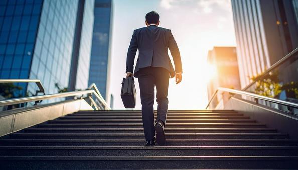 階段を登るビジネスマンの後ろ姿 階段を登るビジネスマンの後ろ姿の写真