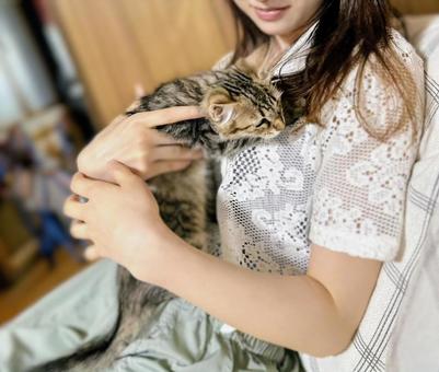 子猫を抱く女性 子猫を抱く女性 子猫,猫,ねこの写真素材