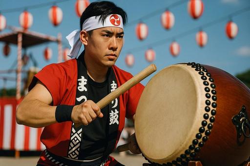 まつり太鼓を叩く男性・夏祭り・伝統行事 まつり太鼓を叩く男性・夏祭り・伝統行事の写真
