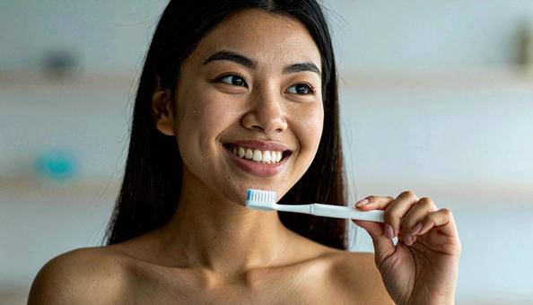 歯磨きする女性 歯磨きする女性の写真