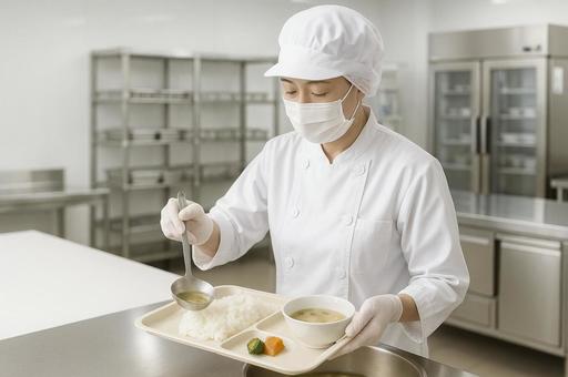 トレーに給食を盛り付ける調理師 トレーに給食を盛り付ける調理師の写真