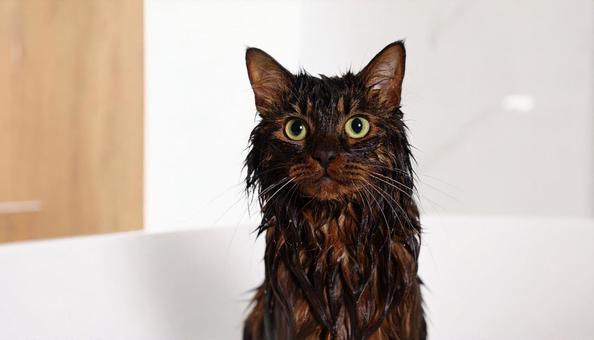 濡れた黒猫の写真